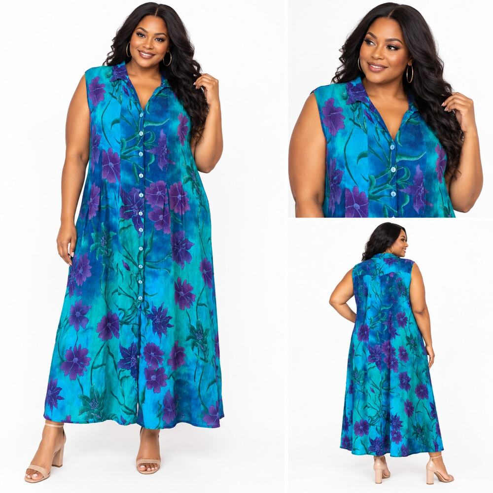 Vintage Phool Dress Womens 3X Teal Purple Floral Rayon Button Front Maxi Boho